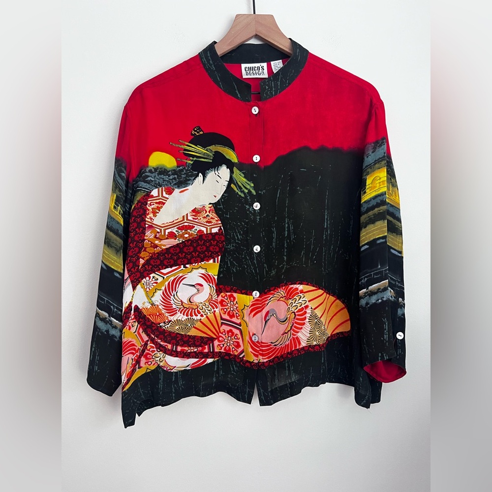 Chico's Womens Top Large Black Red Geisha 100% Silk Blouse Size 2 Vintage